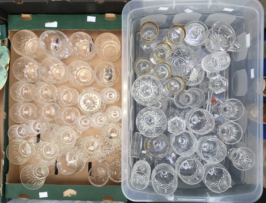 Two boxes of assorted drinking glasses, including wine glasses, Edinburgh Crystal champagne