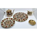 Royal Crown Derby cake stand, teapot, milk jug, plate and pin dish 1128. Condition: Minor chips to