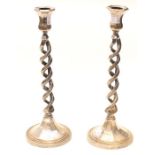A pair of open barley twist candlesticks, silver plated. (2)
