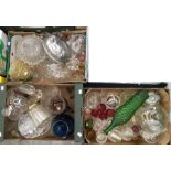 Collection of glassware including cut glass, coloured glass, vases, bowls and bottles etc.