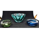 Two mid 20th Century bubble glass dishes, blue and green along with an aqua blue fan dish signed