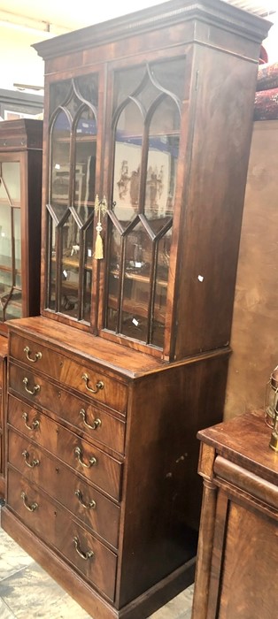 George IV mahogany secretaire book case with pull out writing top above three drawers, glazed tope