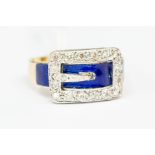 An 18ct gold, diamond and enamel buckle ring, blue enamel decoration with diamond set buckle, size