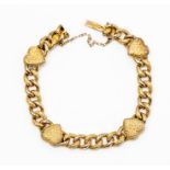 A 9ct gold bracelet with four heart shaped details decorated with scroll pattern, box clasp,