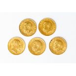 A collection of five gold half sovereigns: comprising  three dated 1912, one dated 1913 and one