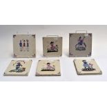 6 Poole pottery tiles, possibly by Dora Batty, Nursery scenes decorated with various characters on