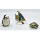 Three boxed Royal Crown Derby paperweights, Gold stoppers, Terrapin, Walrus and Angelfish