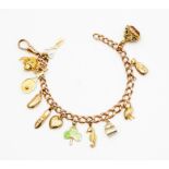 A 9ct gold charm bracelet, with assorted charms, to include lucky clover, seahorse, tea pot and