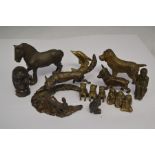 Ten sculptures, bronze, brass etc inc cold painted Spaniel