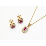 An 18ct fine link chain with pendant set ruby and diamond cluster and pair of earring en suite (4)
