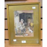 Early 20th Century watercolour of a boy playing the flute, along with a dog, signed bottom left