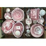 A collection of assorted red and white transfer printed dinner ware, by various factories, including