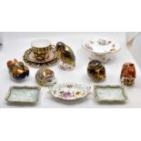 Collection of Royal Crown Derby paperweights, Kingfisher, Squirrel, Owl, Hedgehog, Duck, plate