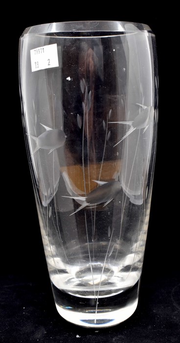 A clear etched vase designed with fish swimming, possibly Whitefriar's, and a French bowl - Image 2 of 2