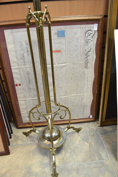 Brass standard lamp with 19th Century indenture and furnishing print still life - Image 2 of 2