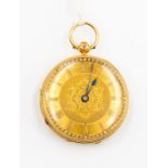 An 18ct gold open faced pocket watch, gold tone dial, Roman numerals, dial diameter approx. 35mm,