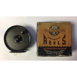 Angling interest: A boxed 3.5 inch  "Pridex" fishing reel by JW Young & Sons.