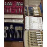 Royal Crown Derby knife set with porcelain handles, plus matching fork set, both boxed, along with