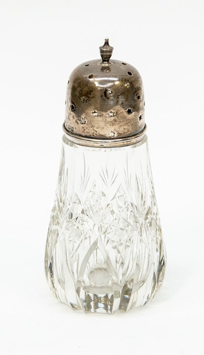 A cut glass caster with silver top and mount, Birmingham 1911, approx 14.5cm high