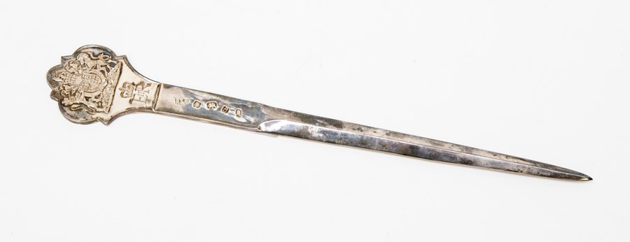 An Elizabeth II 1977 silver jubilee paper knife, by Roberts and Belk, Sheffield 1977, 27cm long, 139