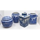 A group of four Mailing Ware Ringtons advertising barrels, tea caddy and jug. The two barrels are