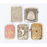 A collection of five 19th and early 20th Century Continental white and gilt metal vesta cases, one