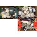 A collection of tea wares and ceramic collectables including boxed pill boxes, plates, vases etc