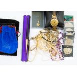 A collection of assorted costume jewellery, to include a 9ct gold Tissot gents watch, round dial