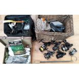 Angling interest: a Wicker Fishing basket, fishing bag by "Crane", reels, lures, leatherette case