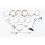 A collection of silver napkin rings and flat ware, mostly Birmingham silver 9 ozt approx