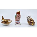Three Royal Crown Derby paperweights to include; a boxed gold Playful Kitten; silver Kingfisher;