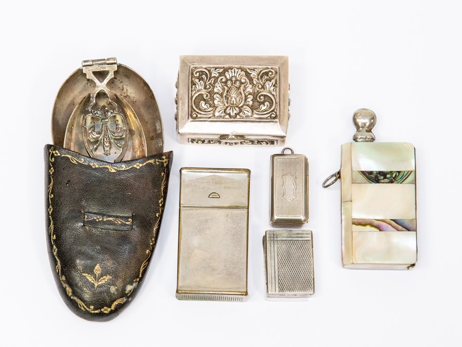 A collection of white metal including: a late 19th Century Russian 84 standard miniature silver pill