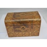 A Victorian walnut and parquetry veneered tea caddy, with two internal lidded compartments