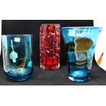 Three Whitefriar's vases, one ruby glass and two blue/green design, mid to late 20th Century