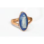 A 9ct gold and Wedgwood ring, oval jasperware plaque inset within rose gold, split shoulders, size