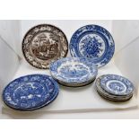 A collection of 19th century transfer printed plates, mainly in blue with two brown examples.