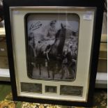 A Lester Piggott signed photograph and montage, fitted in a black frame