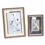 A framed, glazed and signed Don Bradman card, together with another, dedicated 'Cyril, From Len