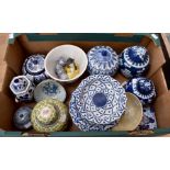 Modern Asian blue and white earthenware and porcelain including Ginger Jars, serving dishes,