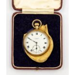 A 9ct gold J.W Benson open faced pocket watch, white enamel dial, numerals and subsidiary seconds