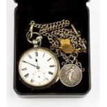 A silver pocket watch, a/f glass and subsidiary hands missing, along with a silver Albert chain with