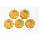A collection of five half Sovereigns, to include three dated 1910, one dated 1914 and one dated