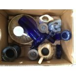 A collection of ceramics and assorted blue glassware, various periods