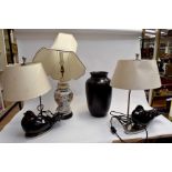 A pair of modern lamps with black with bird bases, with shades; a modern Chinese style lamp and