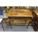 A George II oak and mahogany cross banded side table, fitted with two drawers, cabriole legs