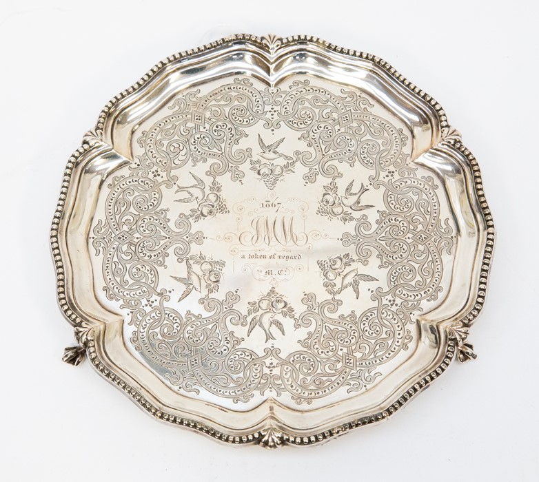 A Victorian silver salver, with cartouche engraved, Goldsmiths Alliance London 1869, approx 10.