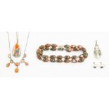 A collection of agate jewellery to include moss agate pendants, bead necklaces set in silver and