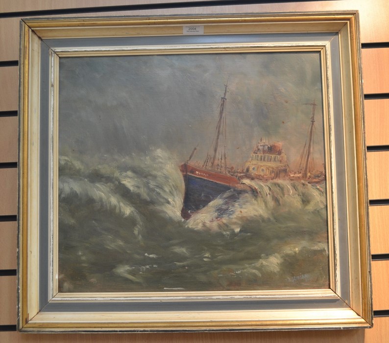 T..Grimshaw (British, 20th Century), shipping in rough seas, signed and dated 1995 l.r., oil, 43