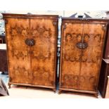 A pair of Art Deco burr walnut inlay his and hers wardrobes, circa 1930, made by L Marcus Ltd,