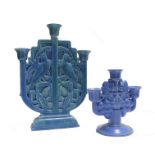 Two Poole Pottery candlesticks, each with three candle holders, John Adams design, circa 1920,